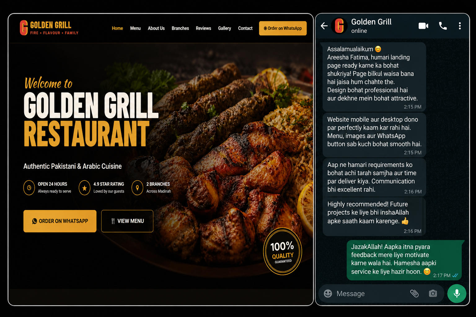 Golden Grill restaurant landing page and client feedback proof