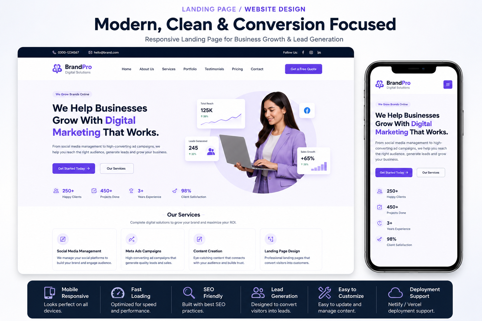Responsive landing page and website design portfolio preview