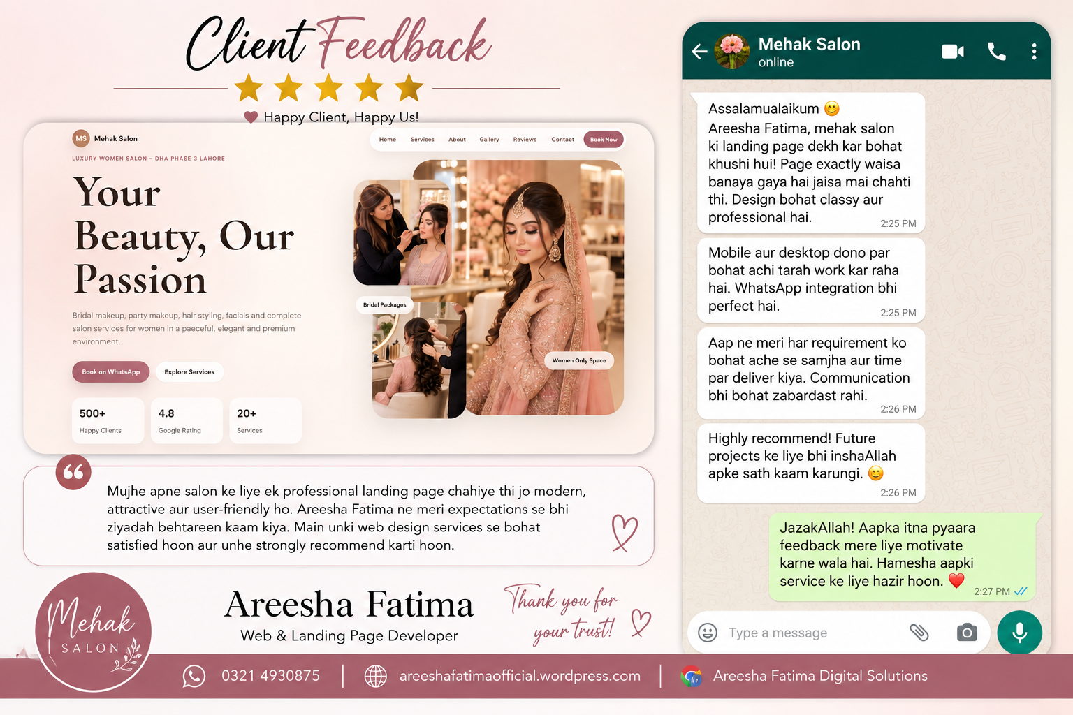 Mehak Salon client feedback proof with landing page preview