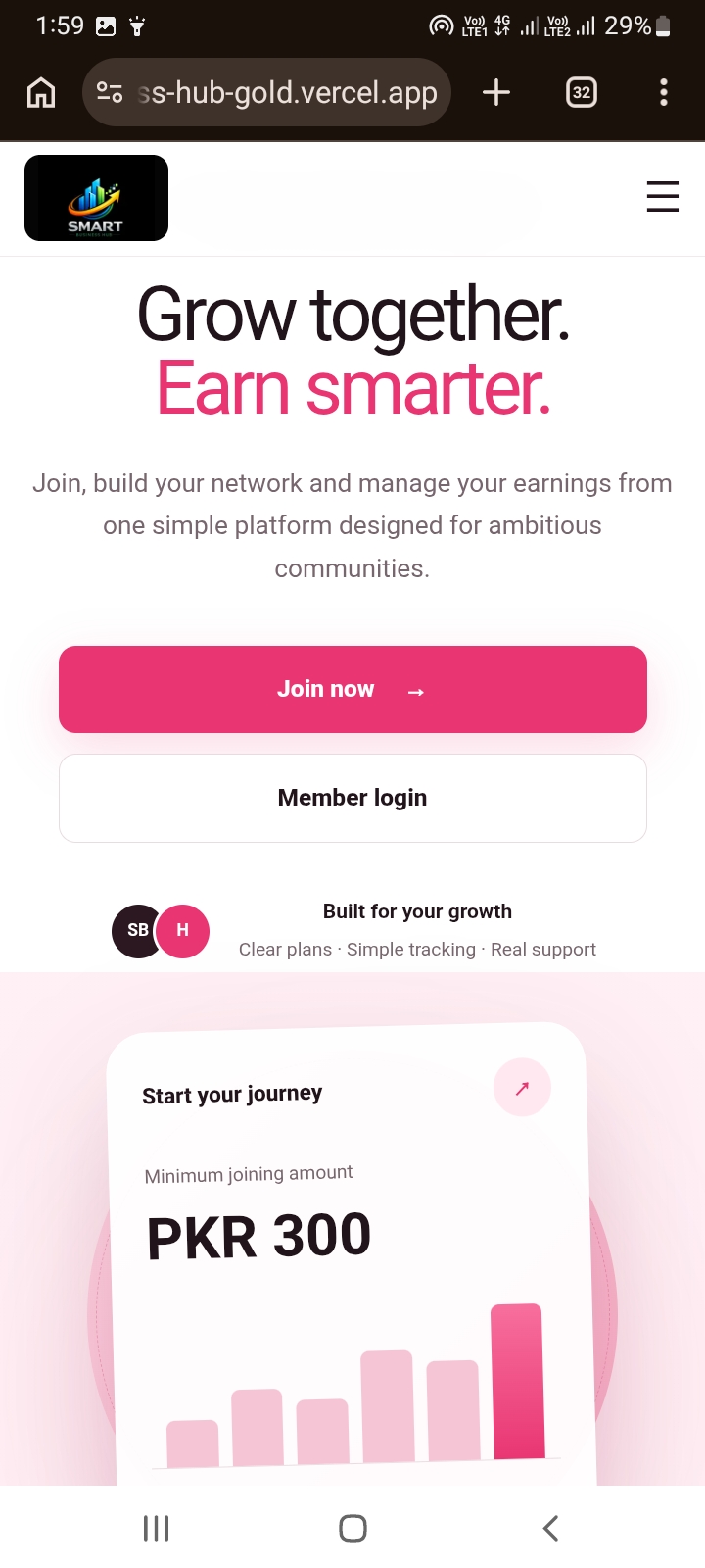 Smart Business Hub homepage showing PKR 300 minimum joining amount
